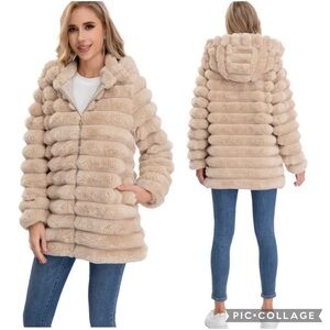 New NWT Faux Rabbit Fur Quilted Hooded Cream Tan Teddy Fleece Outwear